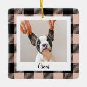 Modern roze geruite & naam en hondenfoto keramisch ornament (Voorkant)