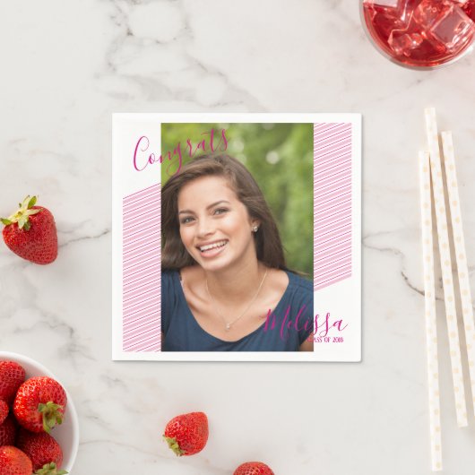 Modern roze gestreept Afstuderen foto Napkins Servetten (Insitu)