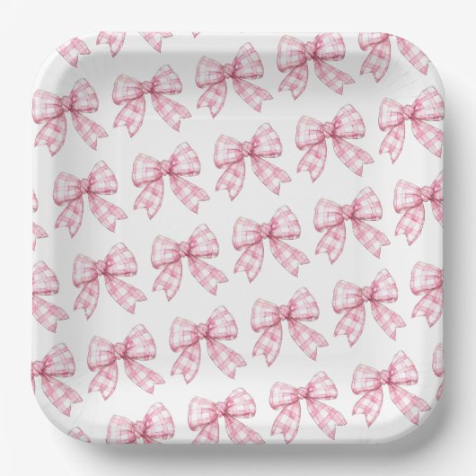 Modern Roze Gingham Bow Pattern Baby shower Papieren Bordje (Voorkant)