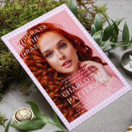 Modern roze Gingham foto afstudeerfeest Kaart