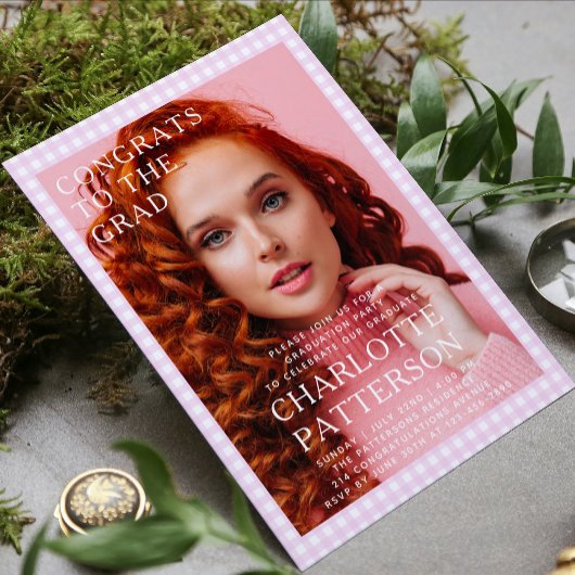 Modern roze Gingham foto afstudeerfeest Kaart