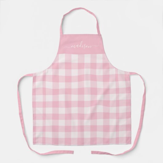 Modern roze gingham script naam schort (Voorkant)