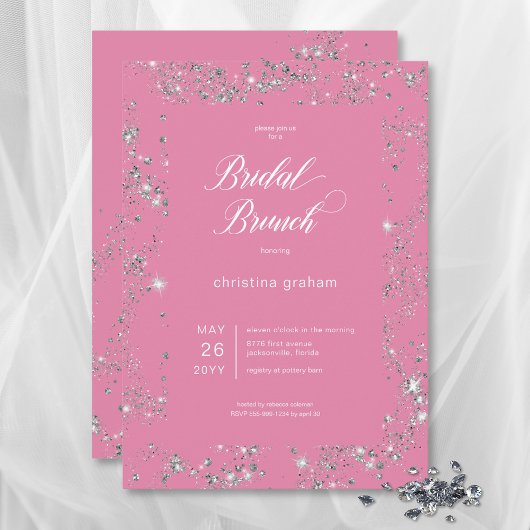 Modern Roze Glam Diamond Lijst Bruidsbrunch Kaart