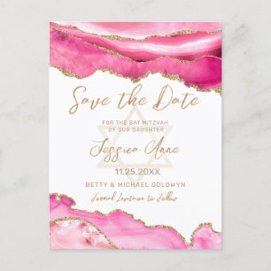 Modern roze glitter agate bat mitzvah Save the Aankondigingskaart