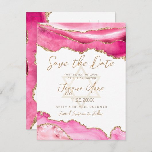 Modern roze glitter agate bat mitzvah Save the Aankondigingskaart (Voorkant / Achterkant)