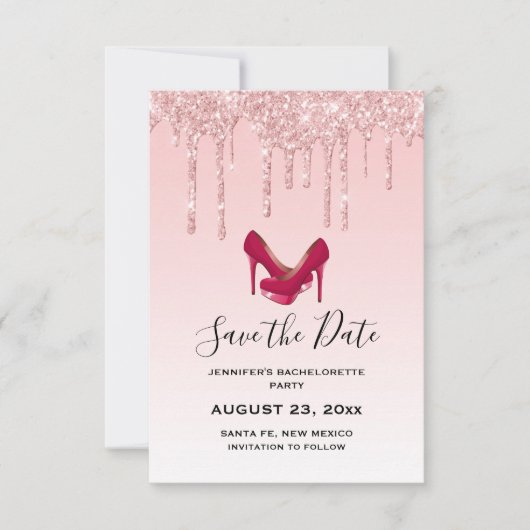 Modern roze glitter - Bachelorette op hoog niveau Save The Date (Voorkant)