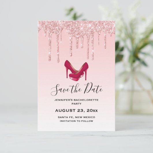 Modern roze glitter - Bachelorette op hoog niveau Save The Date (Staand voorkant)