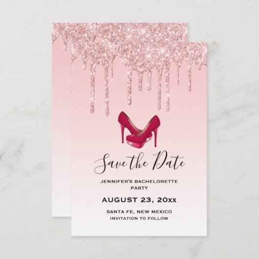 Modern roze glitter - Bachelorette op hoog niveau Save The Date (Voorkant / Achterkant)