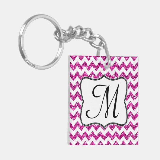 Modern Roze Glitter Chevron Zig Zag Sleutelhanger (Voorkant Links)