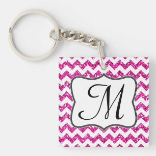 Modern Roze Glitter Chevron Zig Zag Sleutelhanger