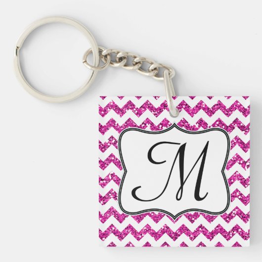 Modern Roze Glitter Chevron Zig Zag Sleutelhanger (Voorkant)