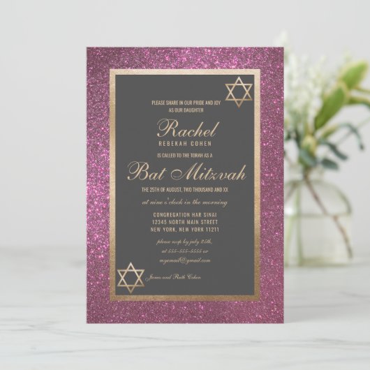 Modern roze glitter dik border bat Mitzvah Kaart (Staand voorkant)