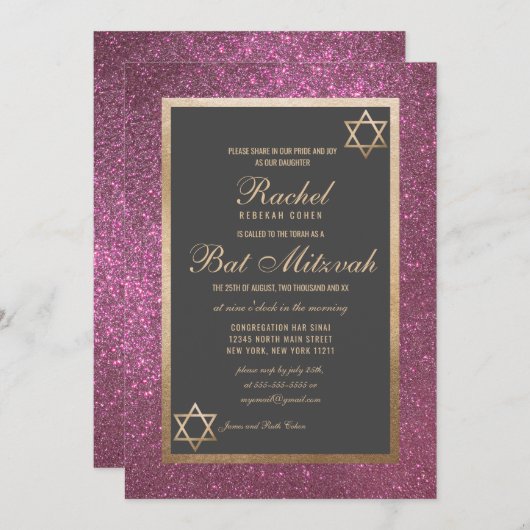 Modern roze glitter dik border bat Mitzvah Kaart (Voorkant / Achterkant)