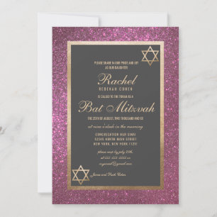 Modern roze glitter dik border bat Mitzvah Kaart