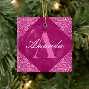 Modern Roze Glitter Girly Monogram Keramisch Ornament