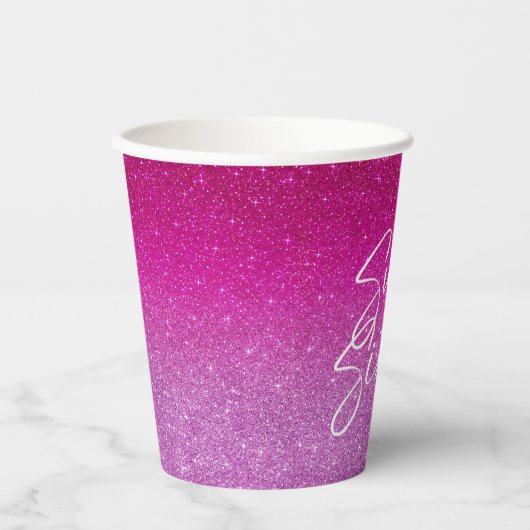 Modern Roze Glitter Patroon Ombre Papieren Bekers (Voorkant)