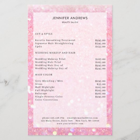Modern Roze Glitter Salon Prijslijst  Flyer (Voorkant)