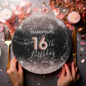 Modern Roze Glitter & Zwart 16e Verjaardag Papieren Bordje