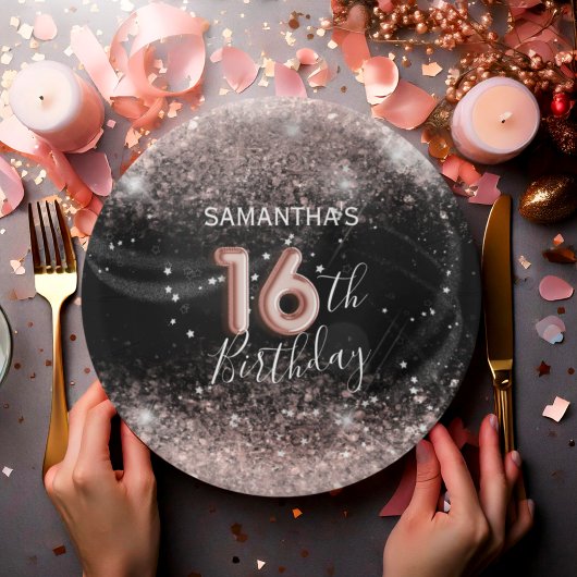 Modern Roze Glitter & Zwart 16e Verjaardag Papieren Bordje