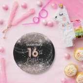 Modern Roze Glitter & Zwart 16e Verjaardag Papieren Bordje (Feest)