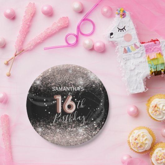 Modern Roze Glitter & Zwart 16e Verjaardag Papieren Bordje (Feest)