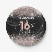 Modern Roze Glitter & Zwart 16e Verjaardag Papieren Bordje (Voorkant)