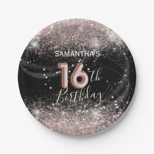 Modern Roze Glitter & Zwart 16e Verjaardag Papieren Bordje (Voorkant)