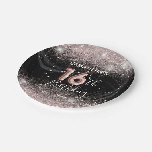 Modern Roze Glitter & Zwart 16e Verjaardag Papieren Bordje (Gekanteld)