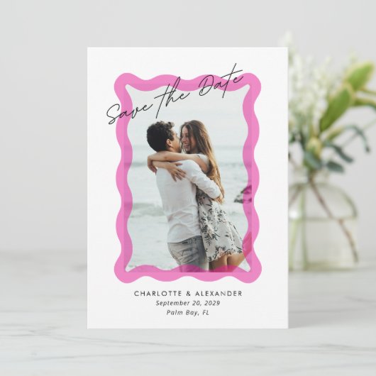 Modern Roze golvend lijst, foto sla de datumkaart Bedankkaart (Staand voorkant)