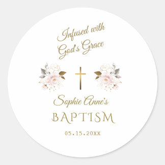 Modern roze goud bloemenkalligrafie meisje doop ronde sticker