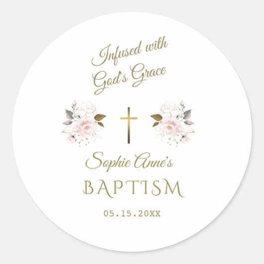 Modern roze goud bloemenkalligrafie meisje doop ronde sticker (Voorkant)