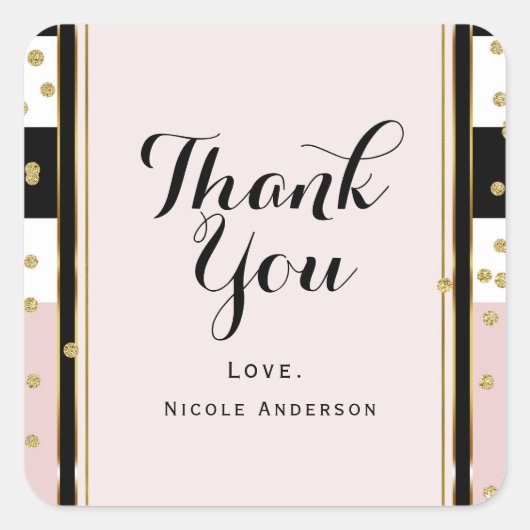 Modern Roze & Goud Confetti Zwart Wit Streep Vierkante Sticker (Voorkant)