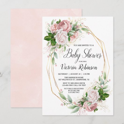 Modern Roze Goud Elegant Bloemen Baby shower Kaart (Voorkant / Achterkant)