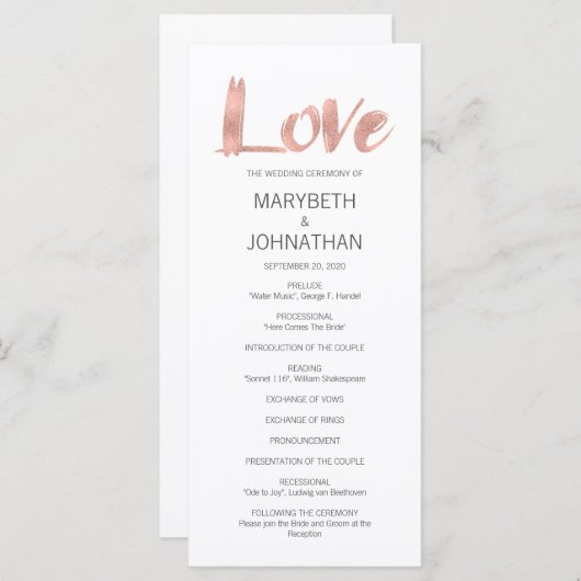 Modern Roze Goud Liefde Trouwprogramma Programmakaart (Voorkant / Achterkant)