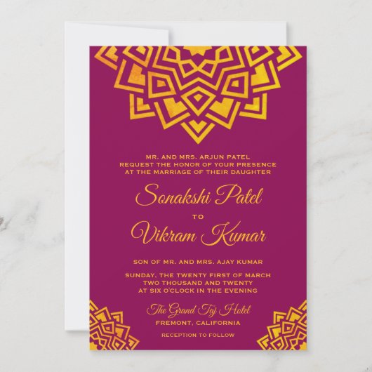 Modern Roze Goud Mandala Indische bruiloft uitnodi Kaart (Voorkant)