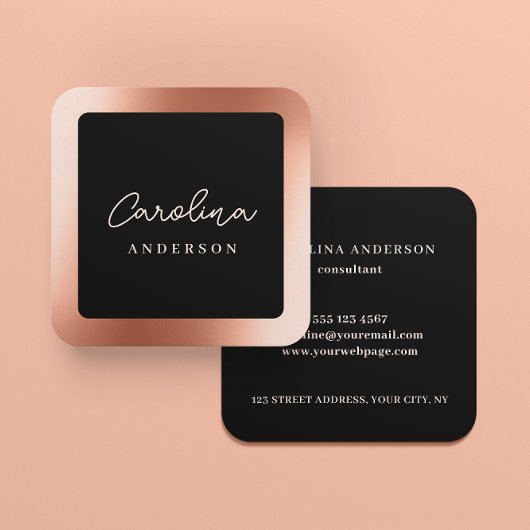 Modern Roze Goud Minimalistisch Zwart Schrift Vierkante Visitekaartje
