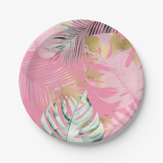 Modern Roze & Goud Tropische bladeren Verjaardagsf Papieren Bordje (Voorkant)