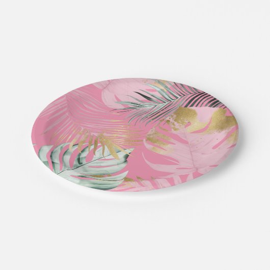 Modern Roze & Goud Tropische bladeren Verjaardagsf Papieren Bordje (Gekanteld)