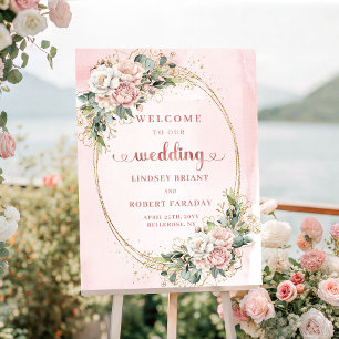 Modern Roze Gouden Bloemstuk Welkom Bord Poster