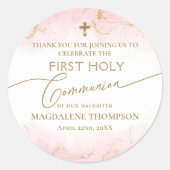 Modern Roze Gouden Kruis Meisje Eerste Heilige Com Ronde Sticker (Voorkant)