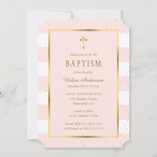 Modern Roze Gouden Kruis Sterren Meisje Doop Kaart (Voorkant)