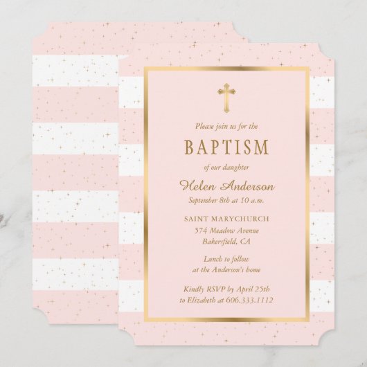 Modern Roze Gouden Kruis Sterren Meisje Doop Kaart (Voorkant / Achterkant)