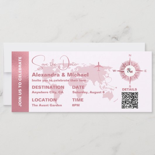 Modern Roze Gouden Paspoort Bewaar de Datum Kaart (Voorkant)