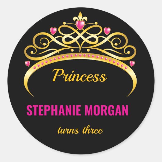 Modern roze gouden prinses kroon verjaardagsfeest ronde sticker (Voorkant)