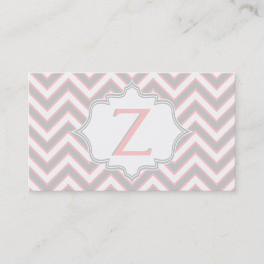 Modern roze, grijs chevron monogram gepersonalisee visitekaartje (Voorkant)