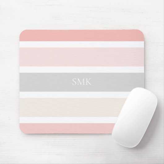 Modern Roze Grijs en Crème Brede Strepen Monogram Muismat (Met muis)