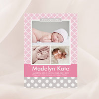 Modern Roze Grijs Patroon Baby Meisje Foto Geboort