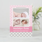 Modern Roze Grijs Patroon Baby Meisje Foto Geboort Aankondiging (Staand voorkant)