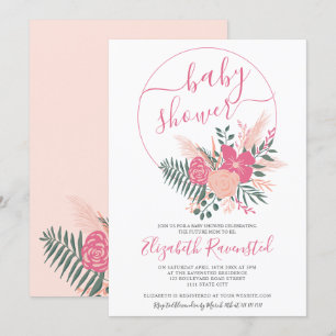 Modern roze groen bloemenboeket lettertype baby sh kaart