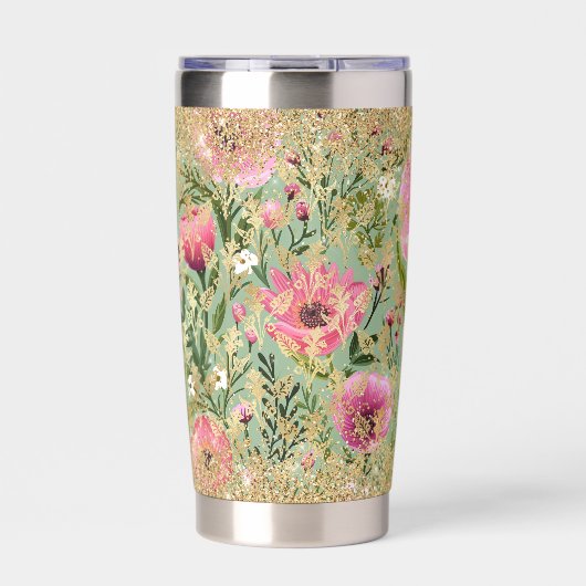 Modern roze groen bloemig chique gouden glitter el geïsoleerde drinkbeker (Voorkant)